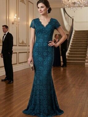 Ellen Tracy Teal Lace Mermaid Hem Floor Length Dress 6 NWT
